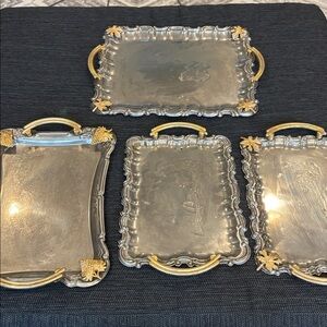 Vintage LOT 4 Butler’s Serving Tray silverplate gold handles leaf grapes antique
